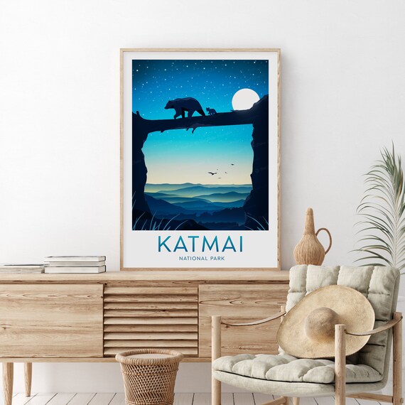 Katmai National Park Alaska Bear Cub Arch Moonlight Scenic Poster