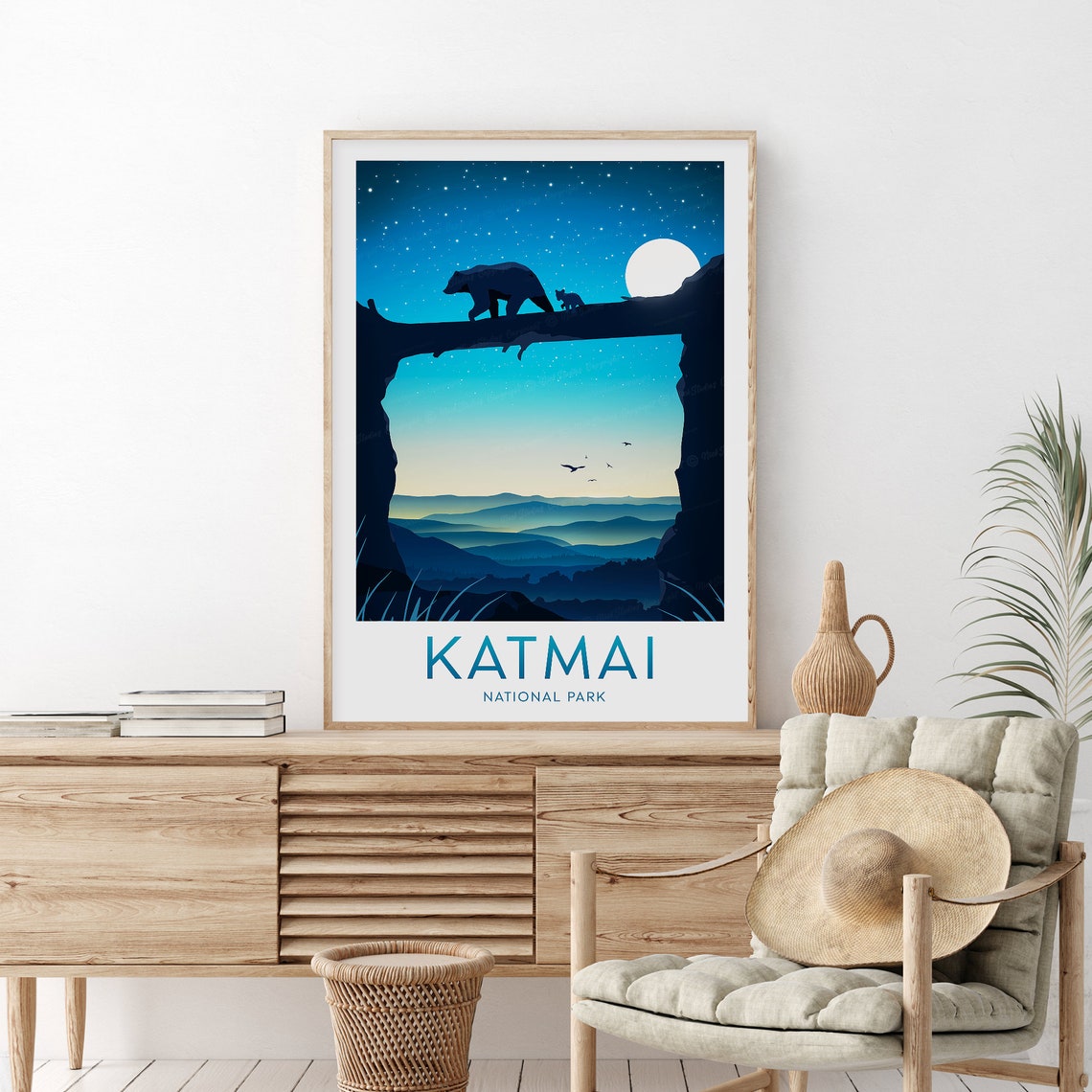 Katmai National Park Alaska Bear Cub Arch Moonlight Scenic Poster