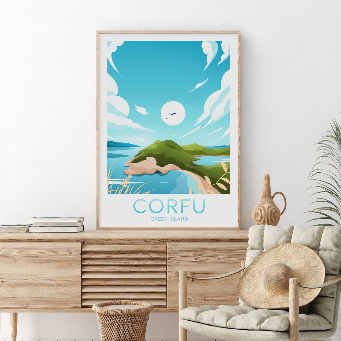 Corfu Greek Island Moonrise Over Blue Coastline Travel Poster