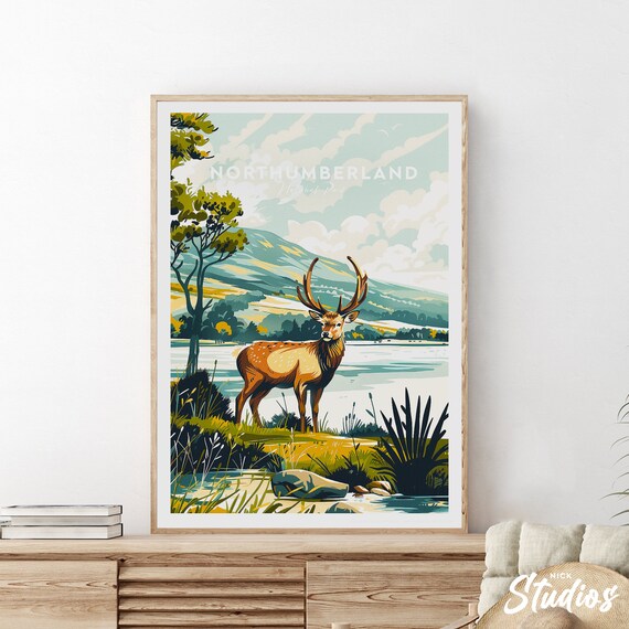 Northumberland National Park Traditional Stag Travel Poster Art
