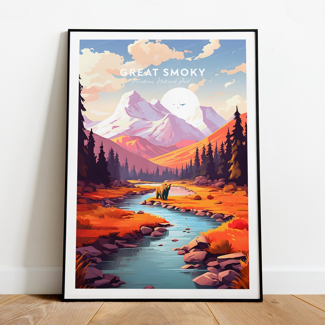 Great Smoky Mountains Autumn Bear Stream Sunrise Travel Poster