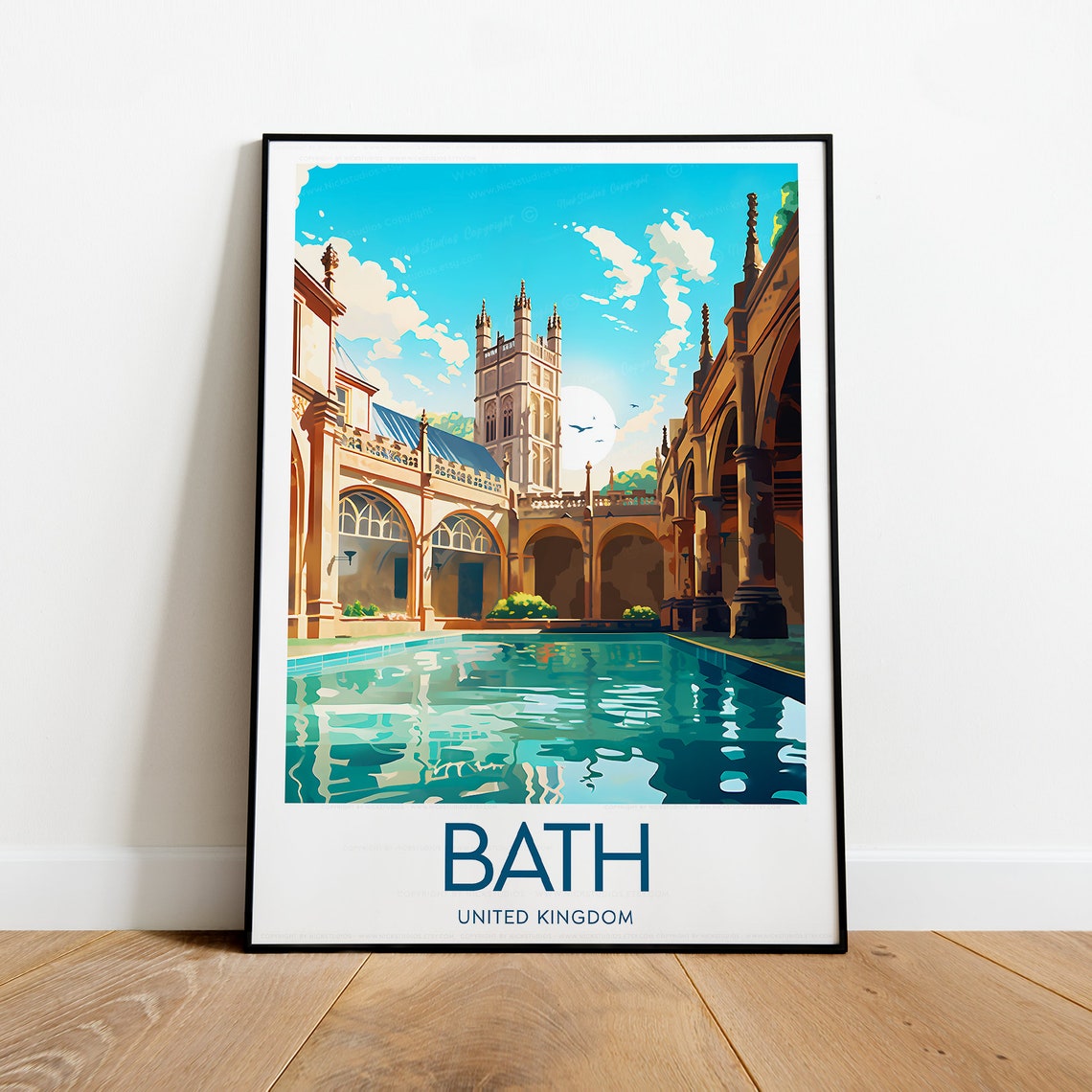 Bath Roman Baths Courtyard and Abbey Tower England Travel Poster