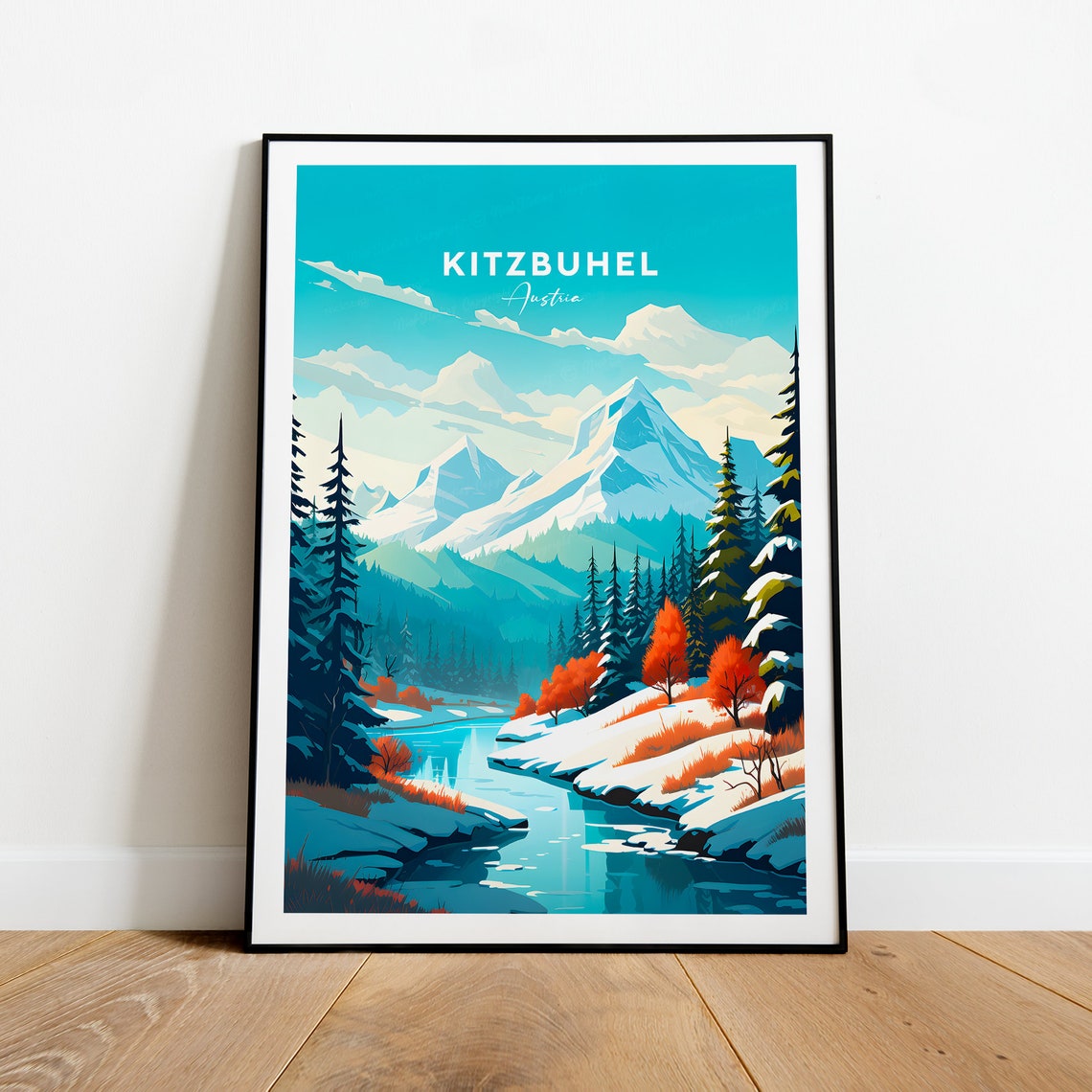 Kitzbuhel Austria Snowy Alpine Mountain Lake Winter Scene Poster - Image 2