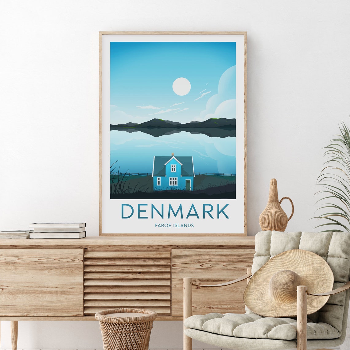 Denmark Faroe Islands Blue House Lake Reflection Travel Poster - Image 2