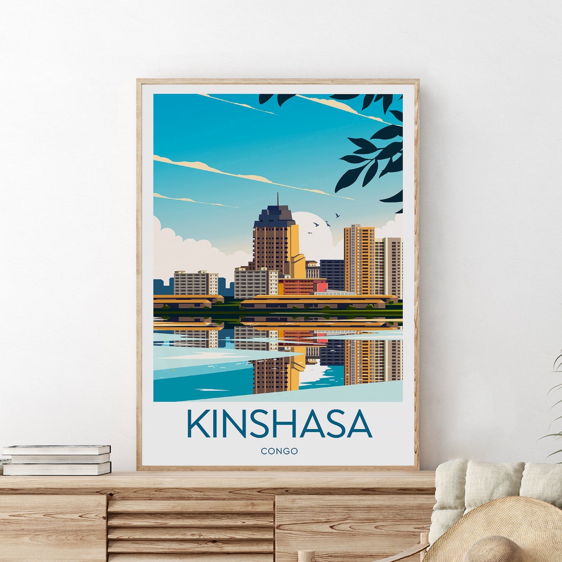 Kinshasa Congo City Skyline River Reflection Illustration Poster
