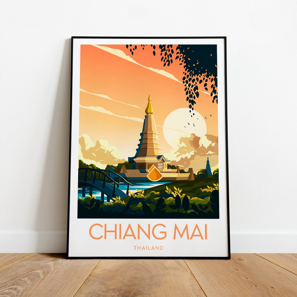 Chiang Mai Thailand Temple Sunset Orange Sky Traditional Travel Poster
