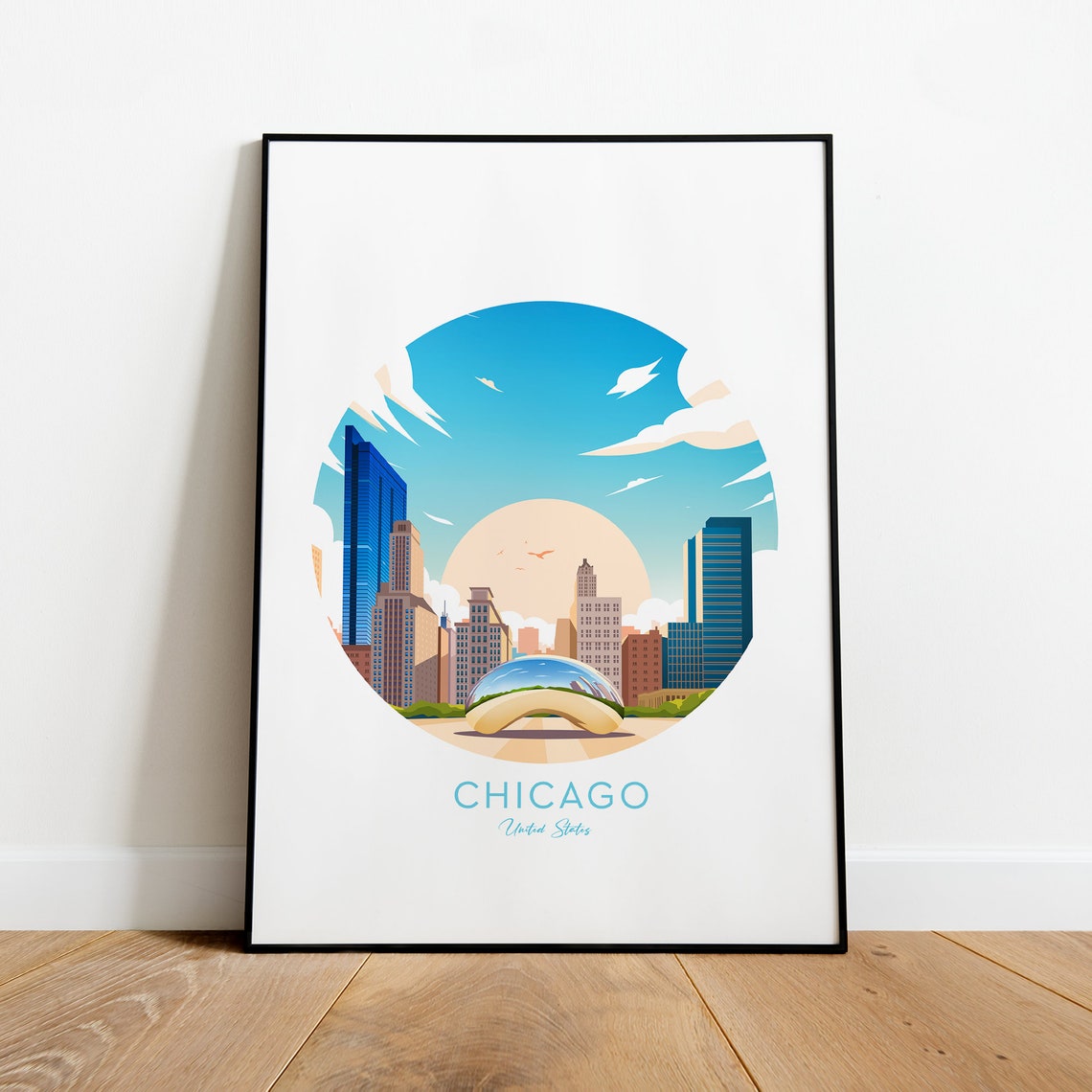 Chicago Skyline and Cloud Gate Circle Design Minimalist Poster