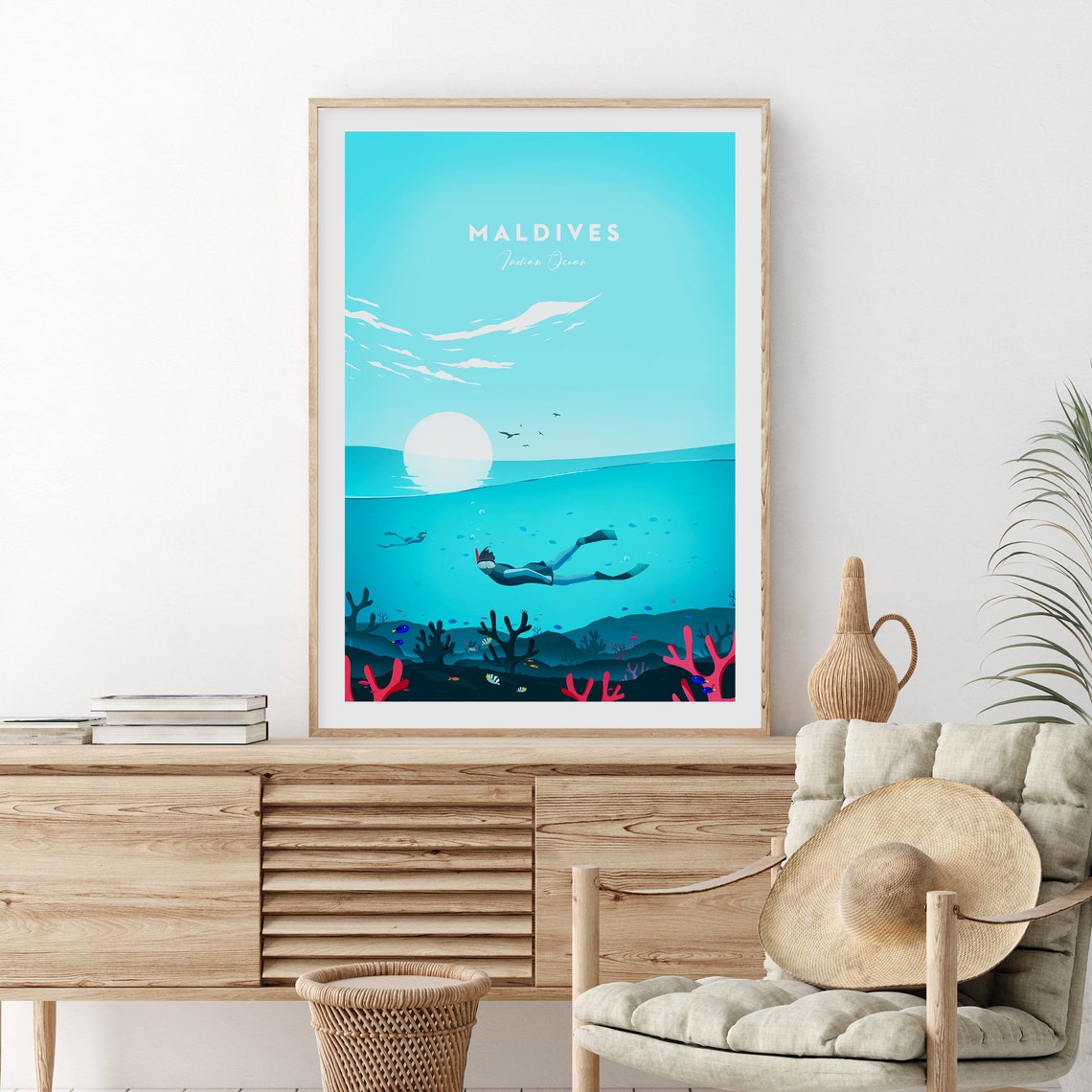 Maldives Indian Ocean Snorkeler Coral Reef Sunset Diver Travel Poster