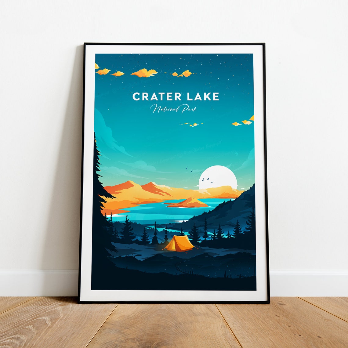 Crater Lake National Park Starry Night Camping Vintage Travel Poster