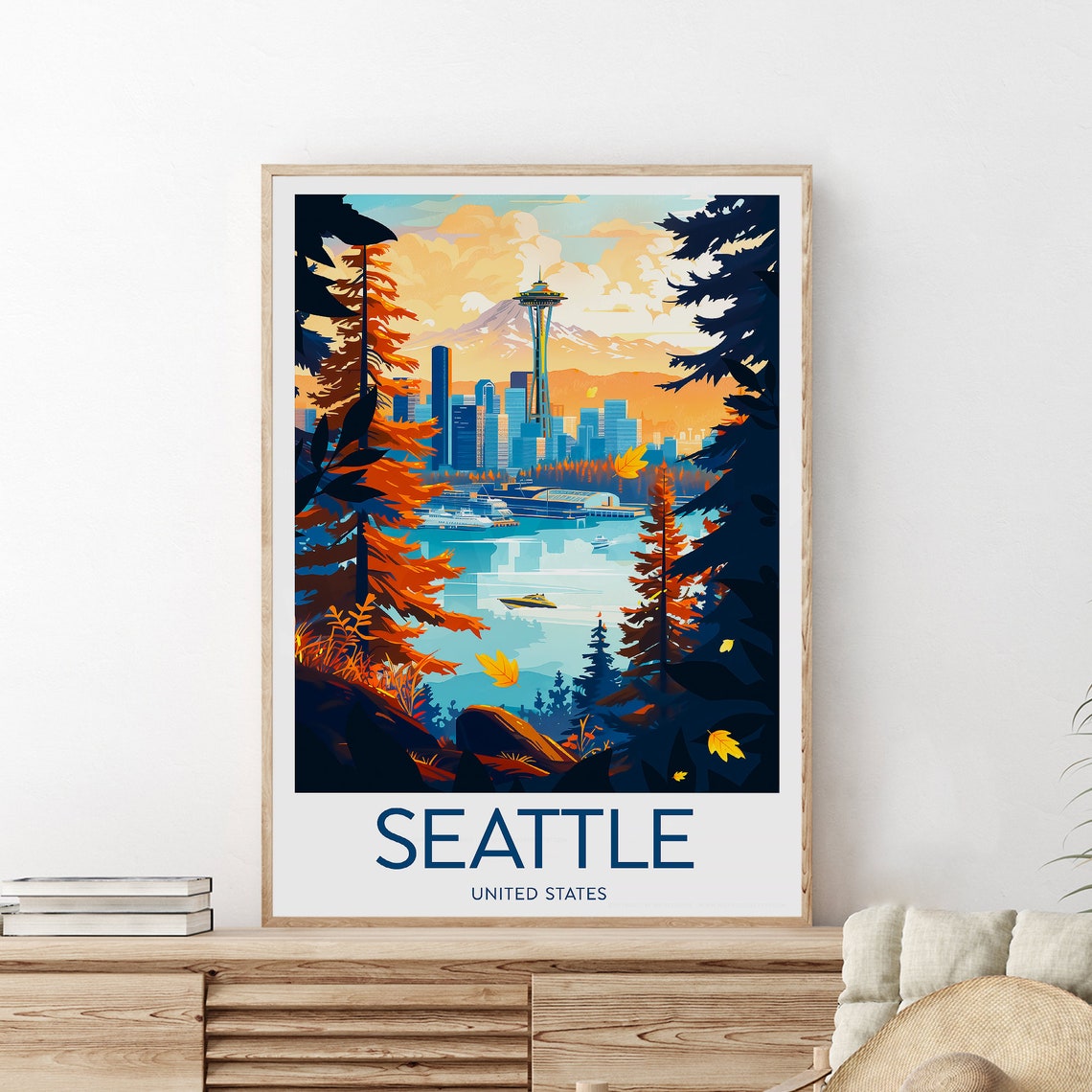 Seattle United States Space Needle Autumn Harbor View Poster - Image 2