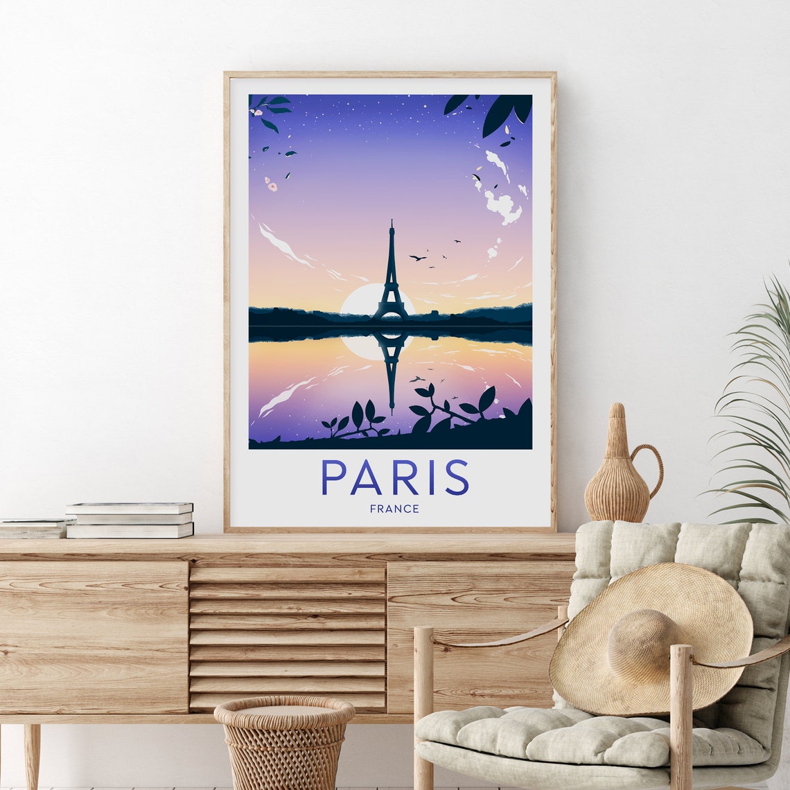 Paris France Eiffel Tower Violet Sunset Reflection Travel Poster
