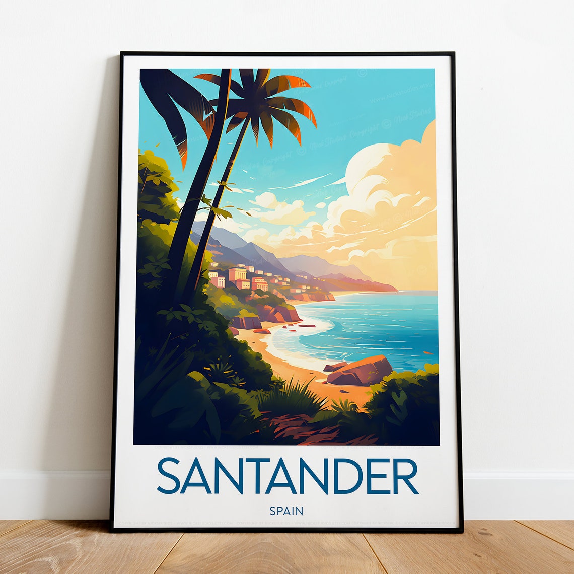 Santander Spain Coastal Cliff Town Framed By Palm Trees Poster