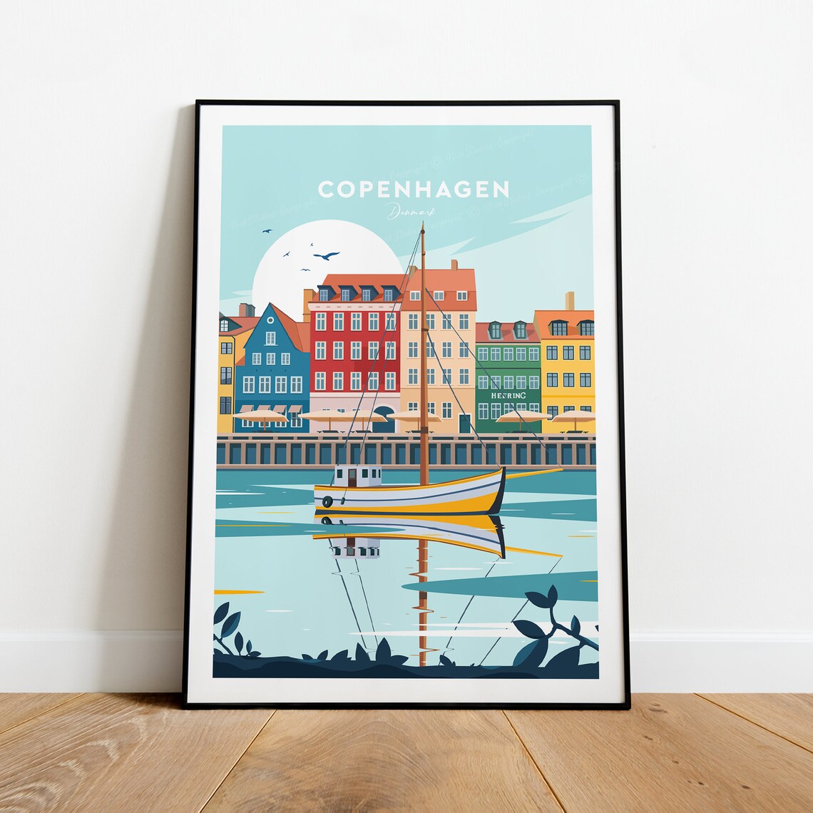 Copenhagen Nyhavn Colorful Harbor Houses and Boat Travel Poster