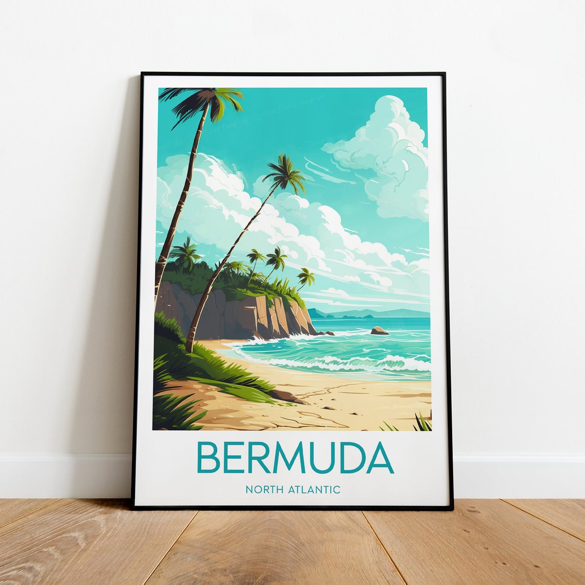 Bermuda North Atlantic Island Palm Tree Cliff Beach Scene Poster
