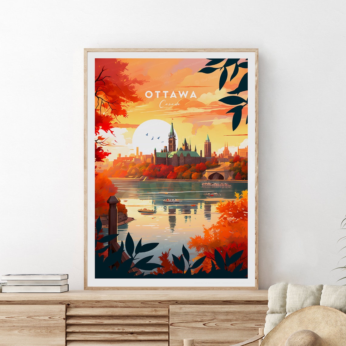 Ottawa Canada Parliament Hill Autumn Sunset River Scene Poster