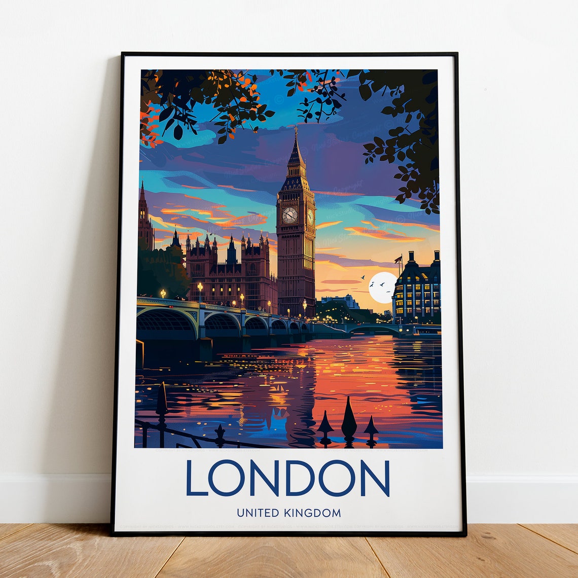 London Big Ben Sunset Over Thames Riverside Evening Scene Poster