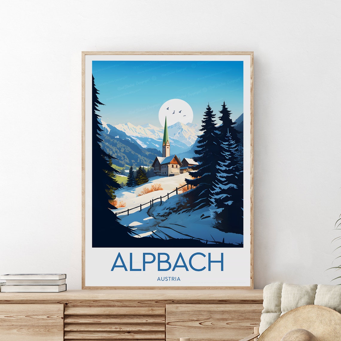 Alpbach Austria Snowy Alpine Village Church Spire Scenic Poster - Image 2
