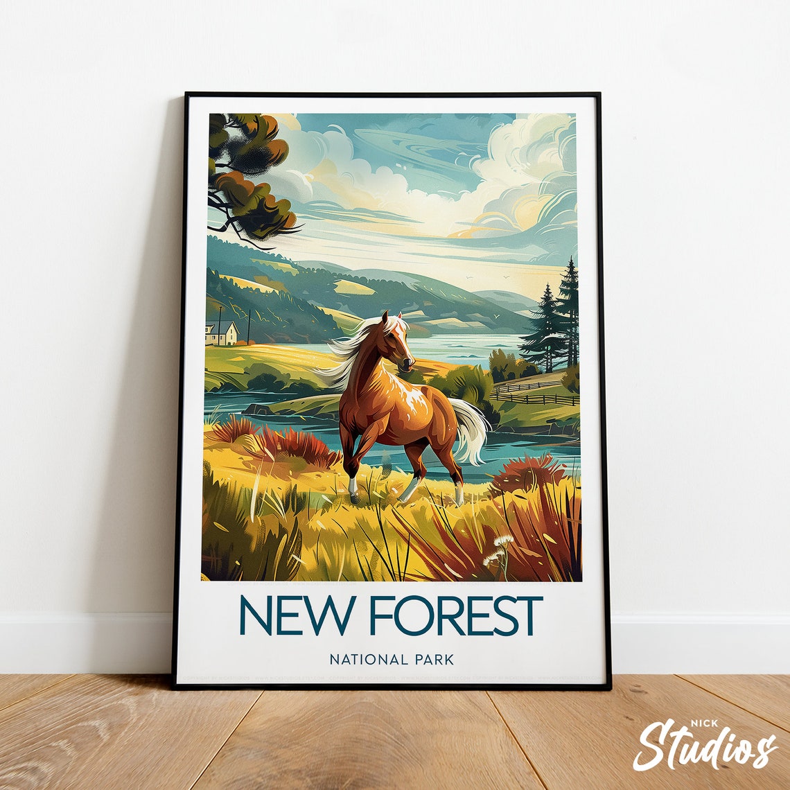 New Forest National Park Horse Meadow Vintage Travel Poster Art