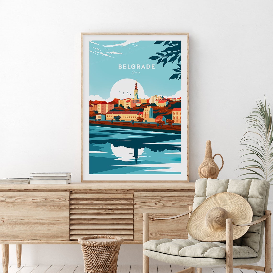 Belgrade Serbia Riverside Sunset Skyline Retro Travel Poster