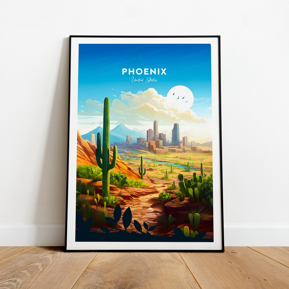Vintage Phoenix Arizona Saguaro Cactus Desert Skyline Scene Poster