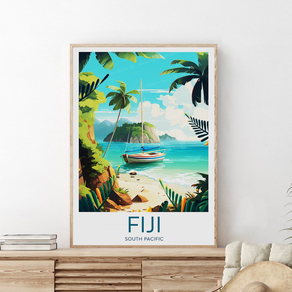 Fiji South Pacific Tropical Beach Sailboat Illustration Poster