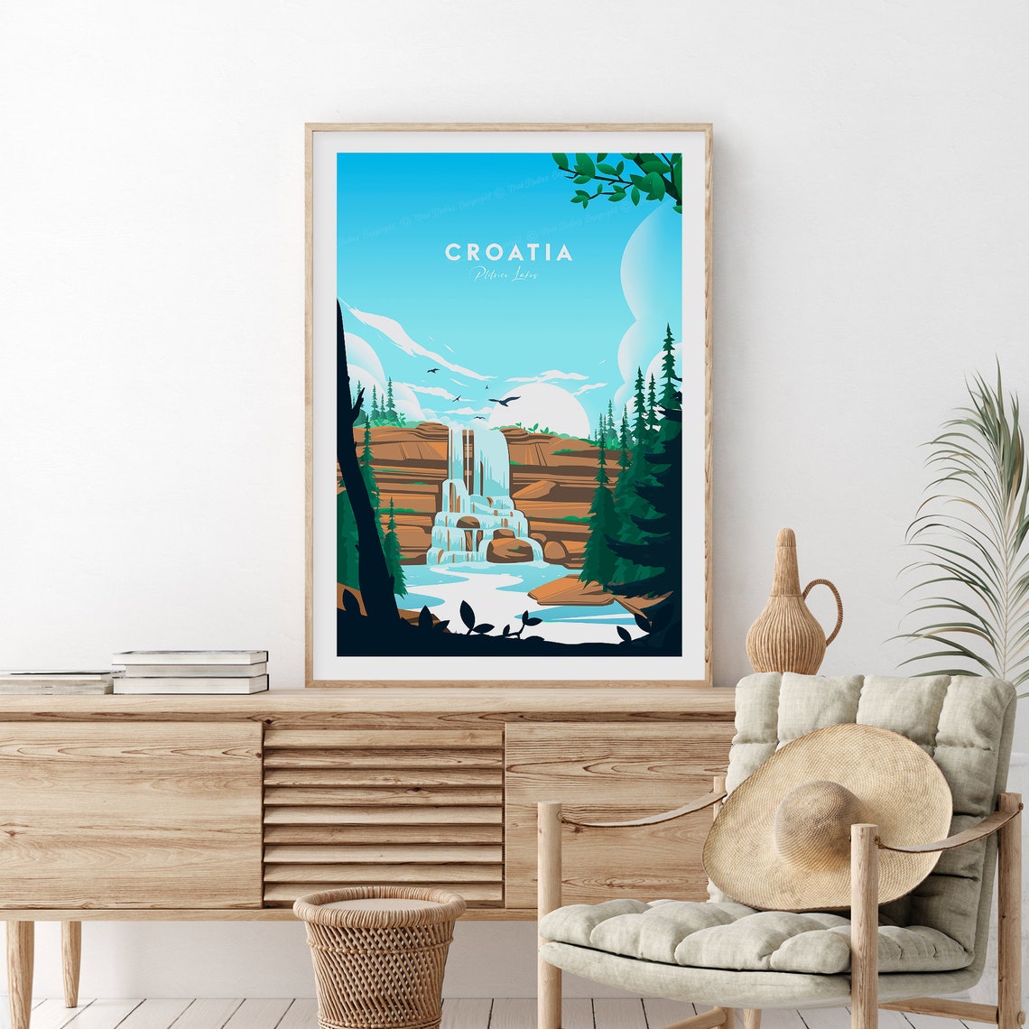 Croatia Plitvice Lakes Waterfall Forest Vintage Travel Poster