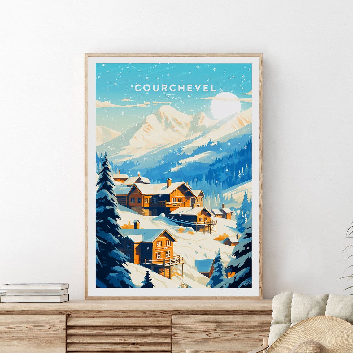 Courchevel Snowy Alpine Chalets Ski Resort Village Night Travel Poster