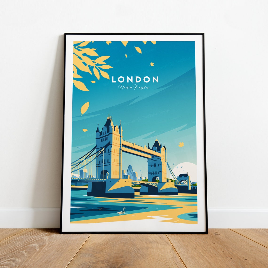 London Tower Bridge Travel Poster with Thames Swans Illustration