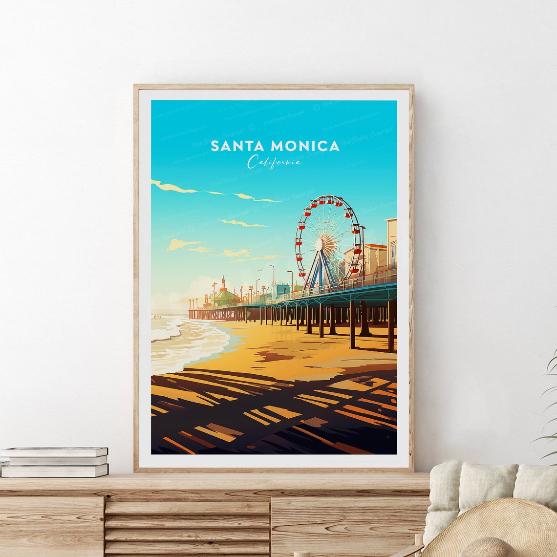 Santa Monica California Pier Ferris Wheel Beach Sunset Travel Poster - Image 2