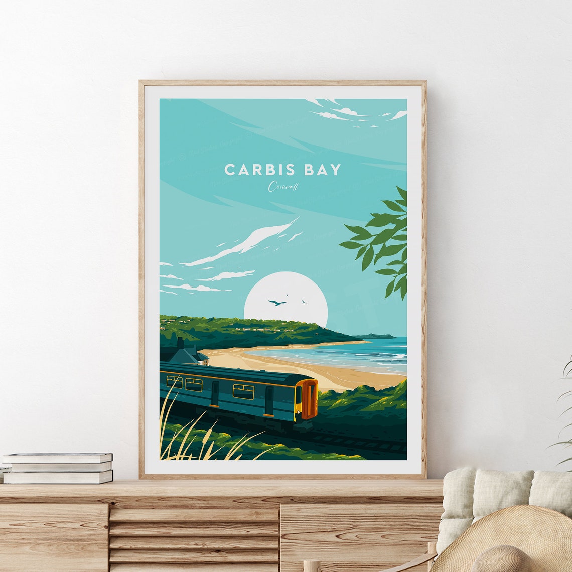 Carbis Bay Cornwall Coastal Train Golden Beach Seaside Travel Poster