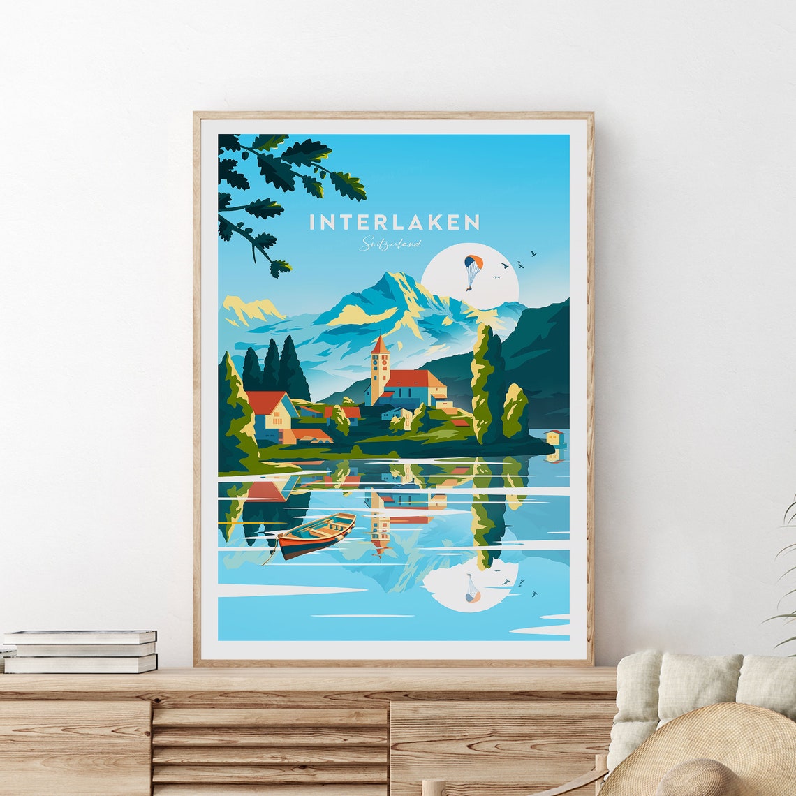 Interlaken Switzerland Lake Reflection Paraglider Alps Travel Poster - Image 2