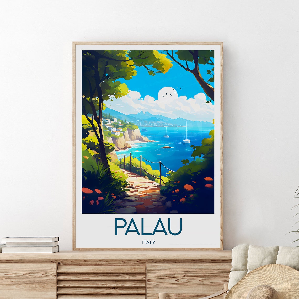 Palau Italy Coastal Path Sailboats Blue Bay View Travel Poster