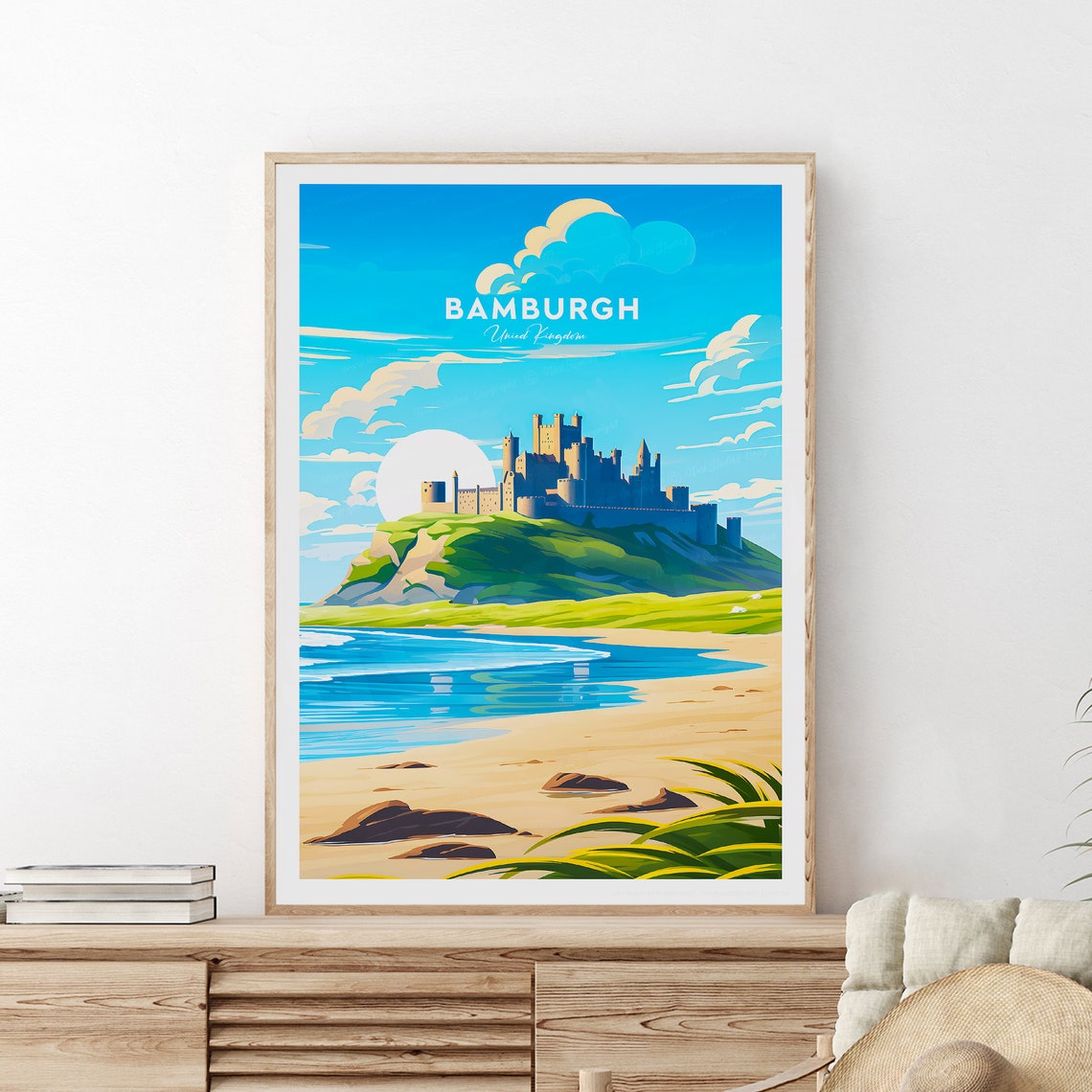 Bamburgh Castle on the Beach United Kingdom Vintage Travel Poster