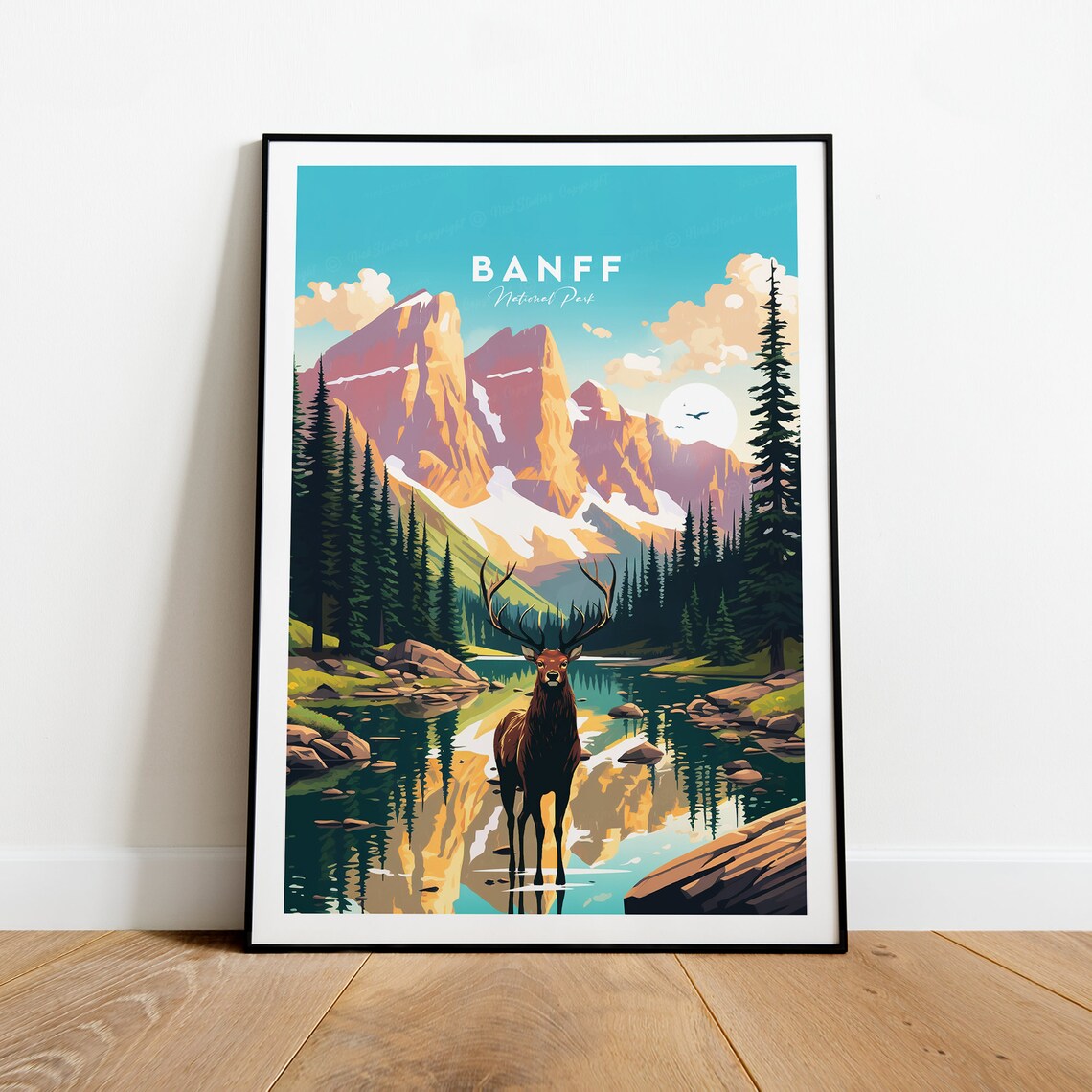Banff National Park Elk Lakeside Mountain Sunrise Travel Poster - Image 2