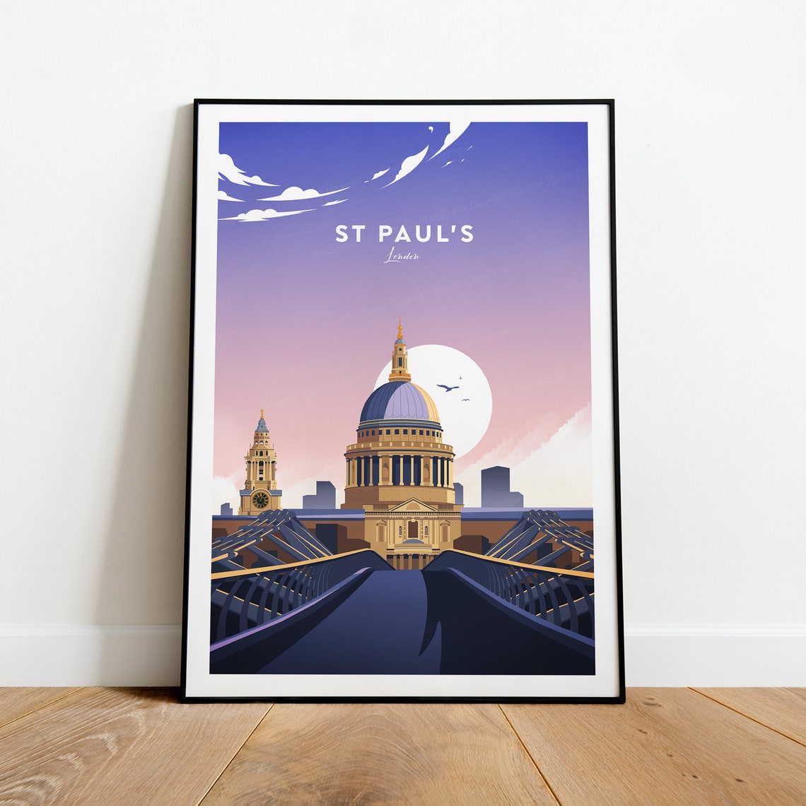 London St Pauls Cathedral Millennium Bridge Dusk Travel Poster