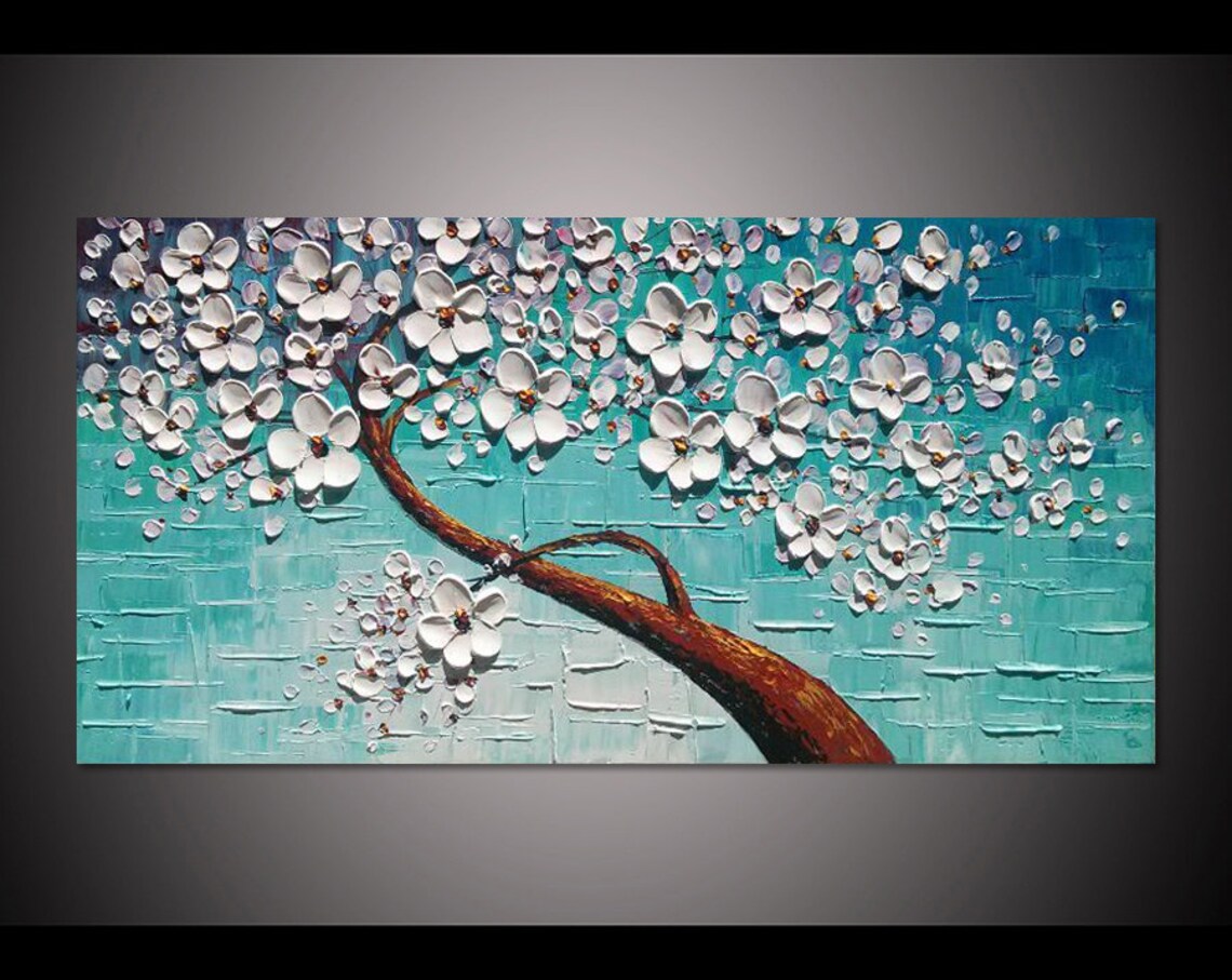White Blossom Branch On Turquoise Blue Textured Oil Paint Poster