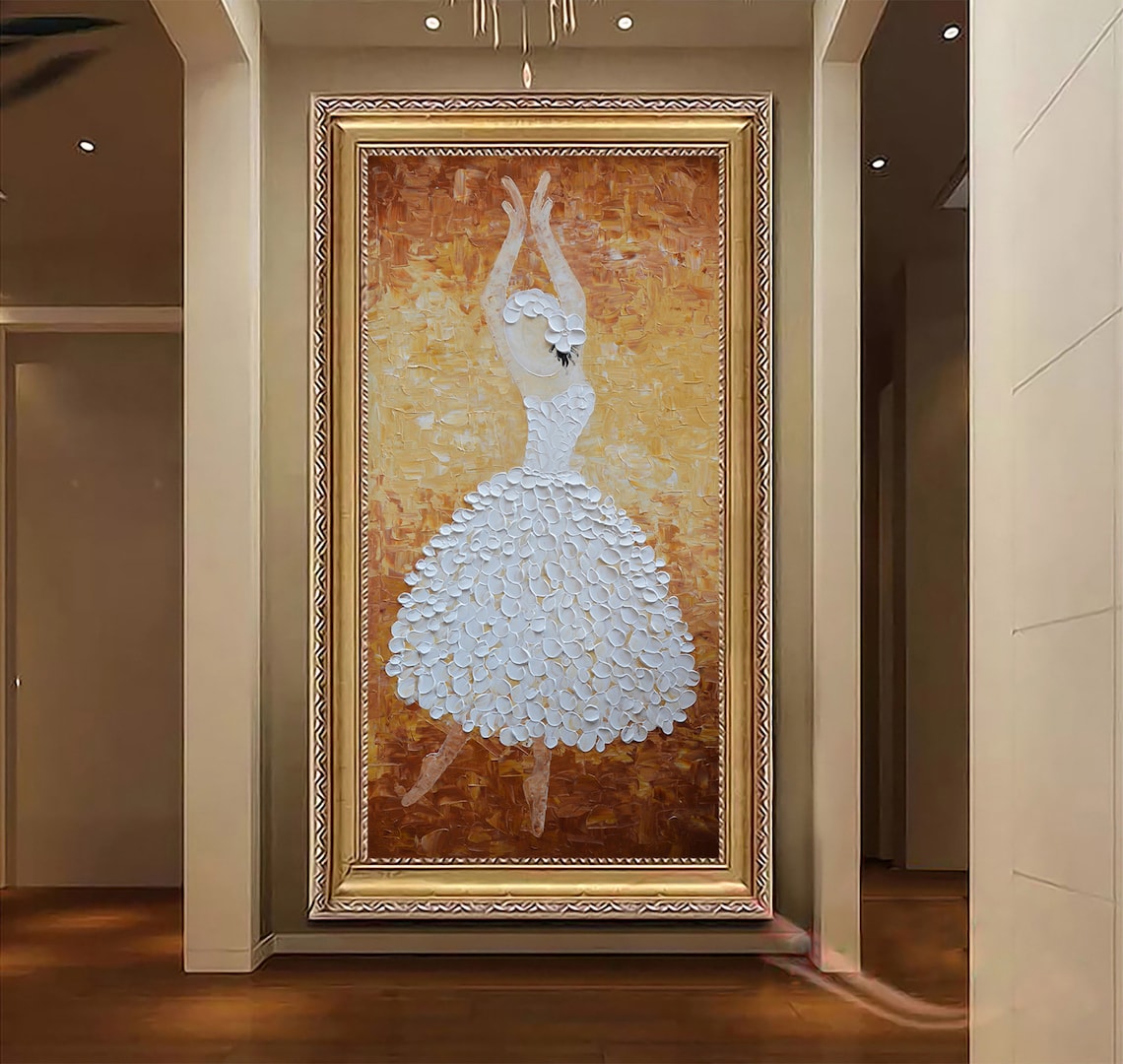 Elegant Ballerina in White Petal Dress Palette Knife Dance Poster - Image 4