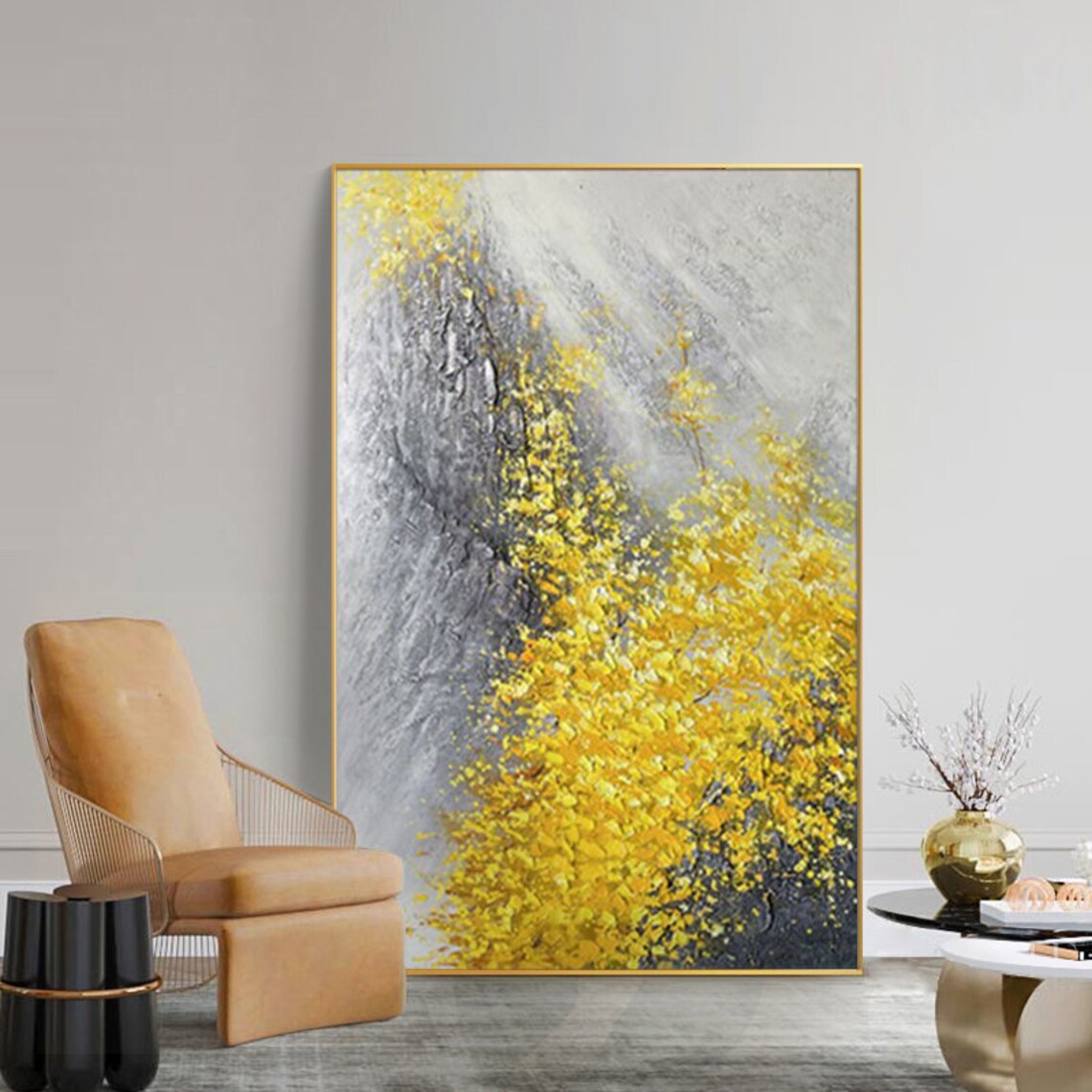 Yellow Blossom Abstract Grey Mountain Impasto Oil Painting Wall Art - Image 4