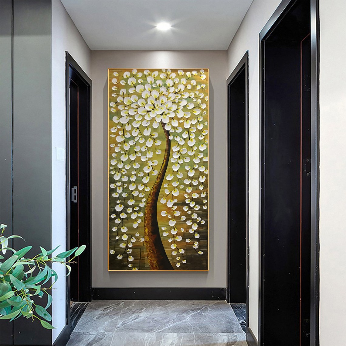 White Gold Weeping Blossom Tree On Warm Olive Canvas Oil Poster - Image 2
