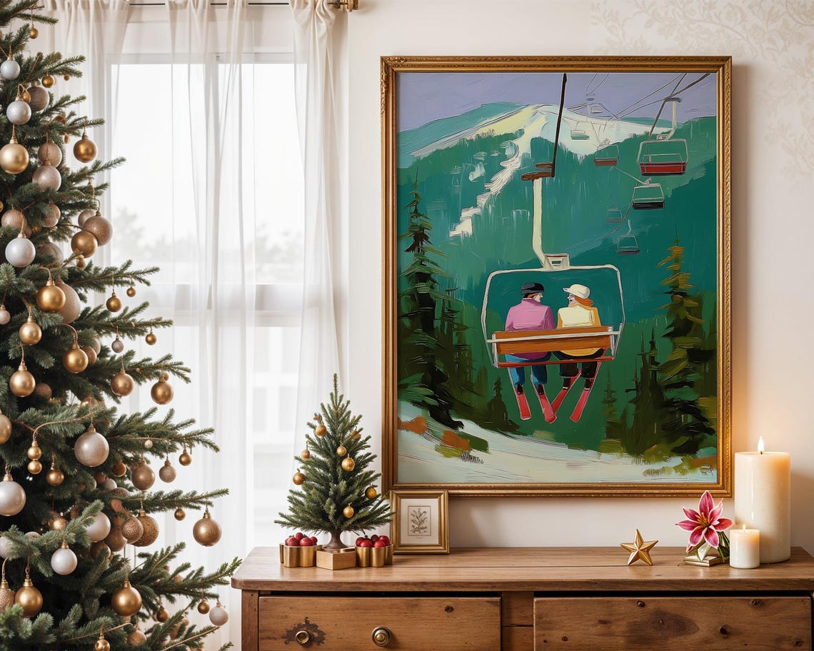 Colorful Ski Chairlift Couple Winter Mountain Landscape Poster