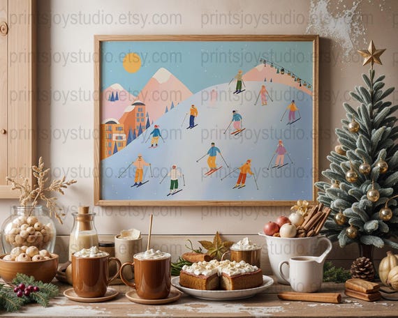 Winter Skiing Mountain Illustration Christmas Decor
