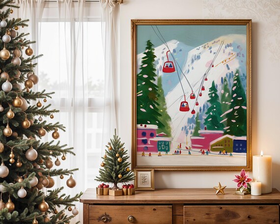 Ski Gondolas Red Cable Cars Winter Resort Mountain Art Poster