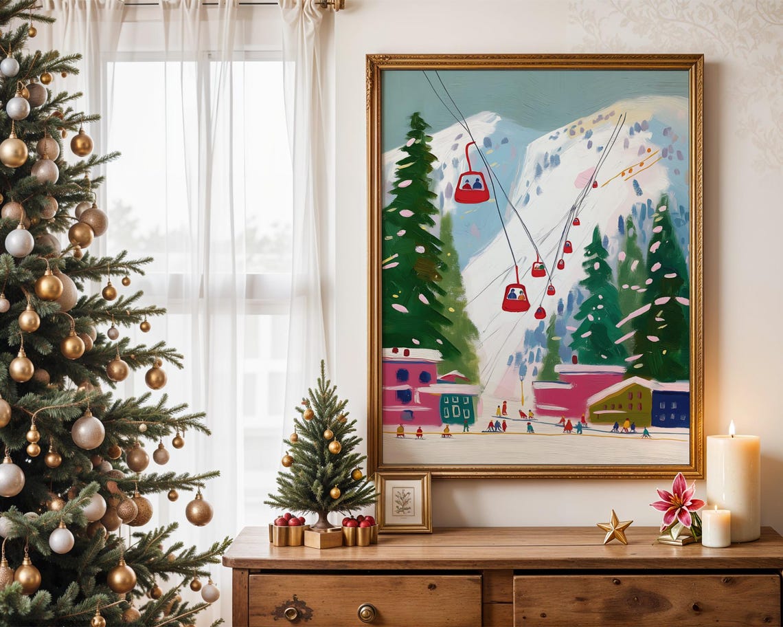Ski Gondolas Red Cable Cars Winter Resort Mountain Art Poster