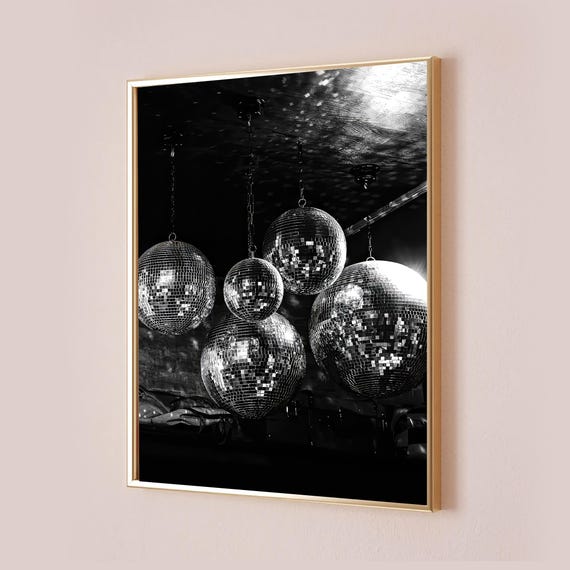 Disco Ball Poster Mirrorball Print Bar Cart Art Funky Black White Silver Trendy Office Decor Preppy Room Wall Retro Bedroom Home Artwork