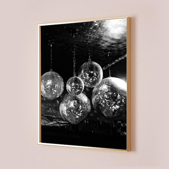 Hanging Disco Balls Mirrorball Black And White Night Party Poster