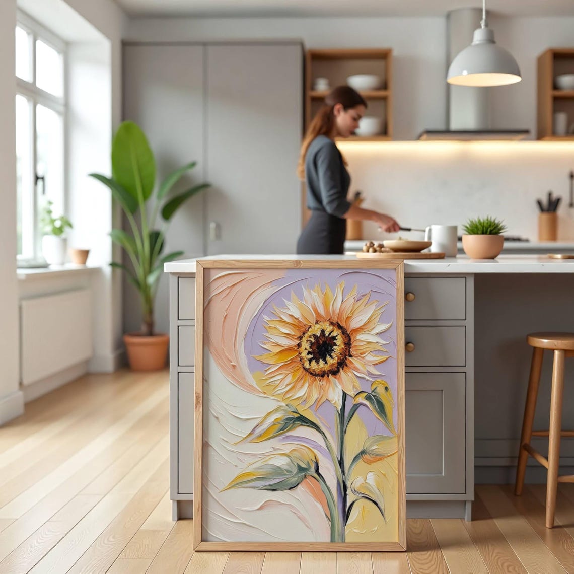 Glowing Pastel Sunflower Impasto Thick Brushstroke Floral Wall Art - Image 2