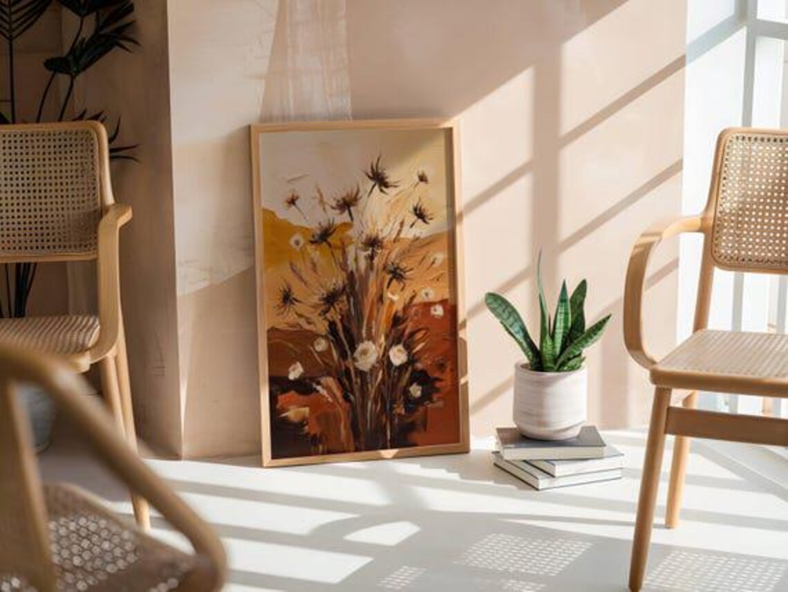 Earth Tones Abstract Wildflowers Warm Brown Moody Acrylic Poster - Image 2