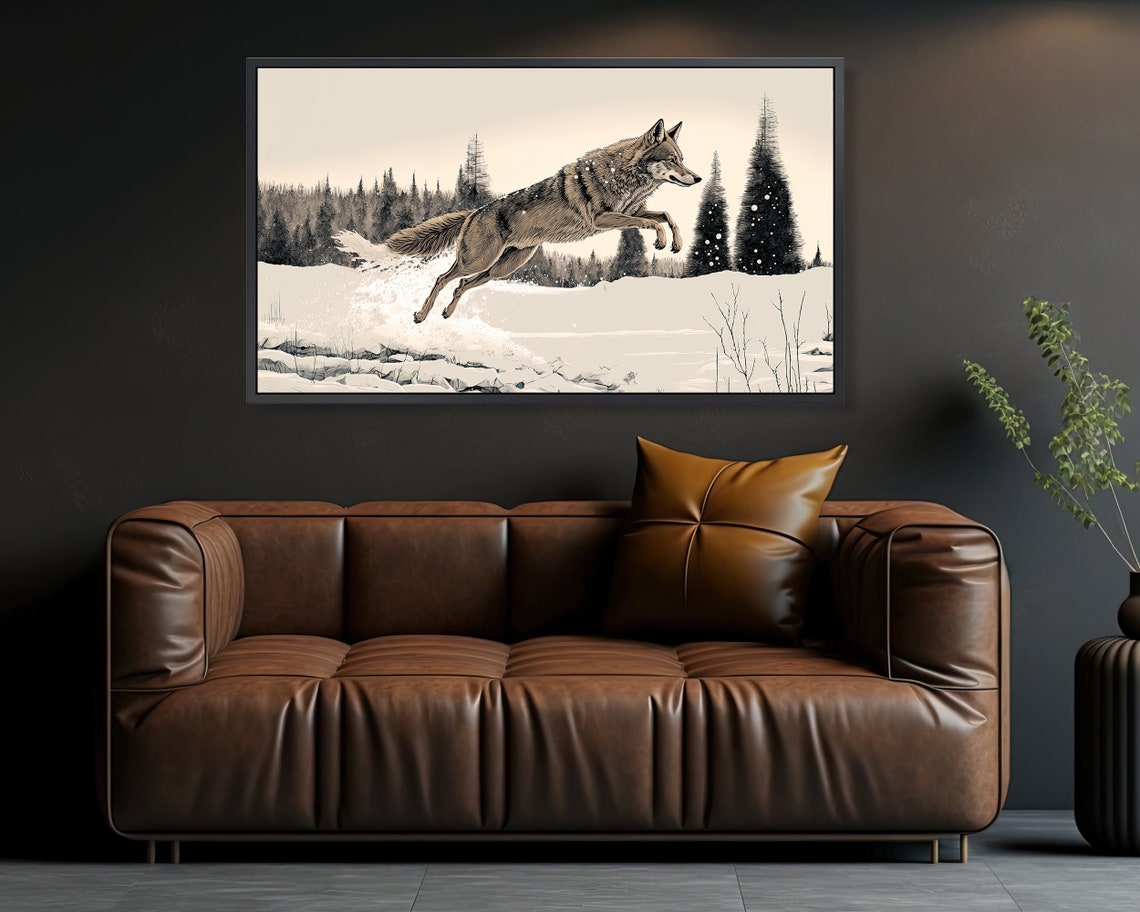 Winter Wolf Leaping Through Snow Forest Monochrome Wildlife Art Poster - Image 3