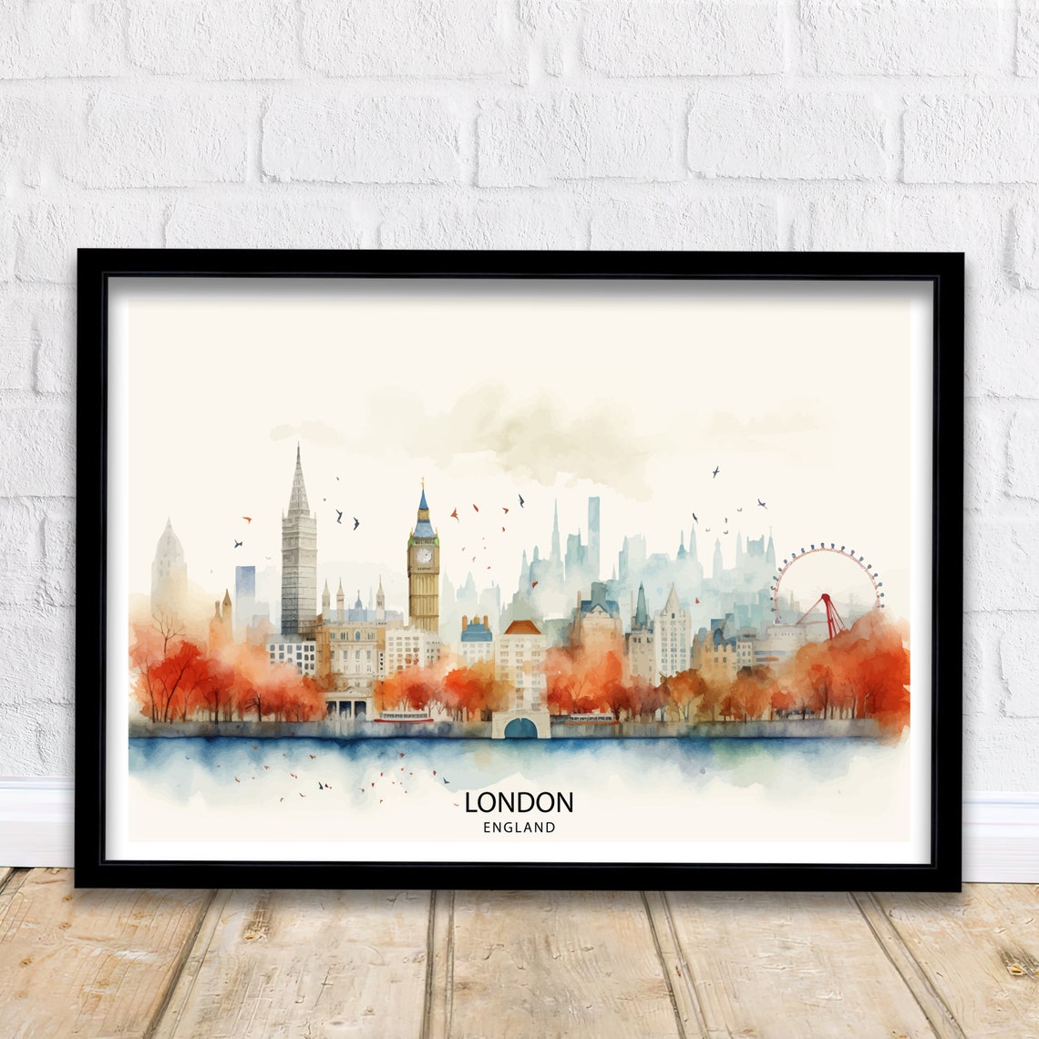 London England Watercolor Skyline Big Ben Thames Travel Poster