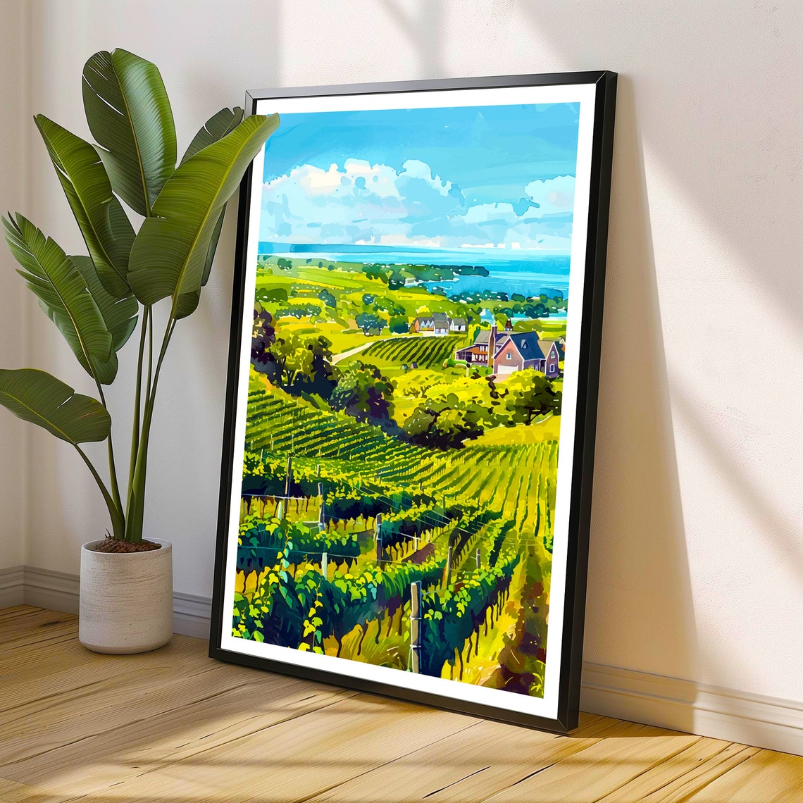 Sunlit Vineyard Rows Rolling Hills Distant Lake Watercolor Art Print - Image 2
